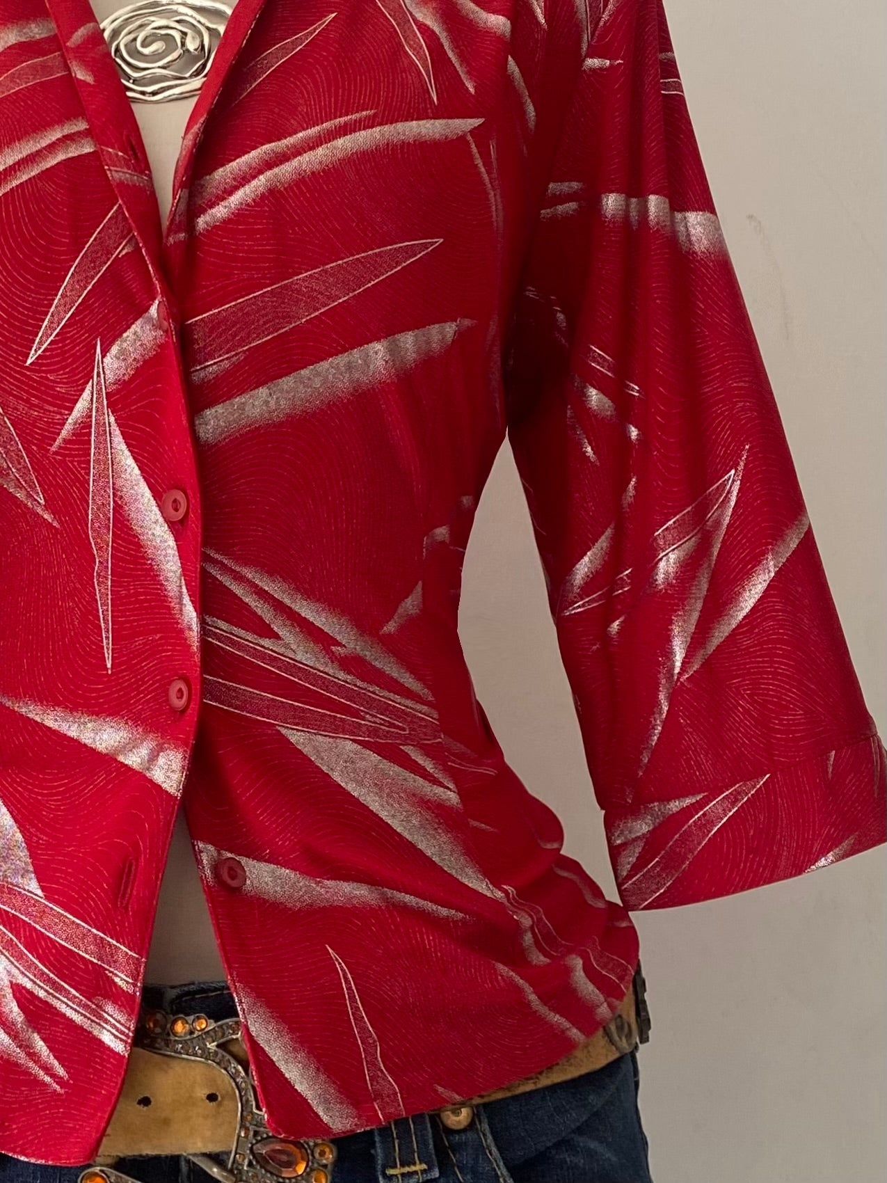 Red blouse with silver sparkles