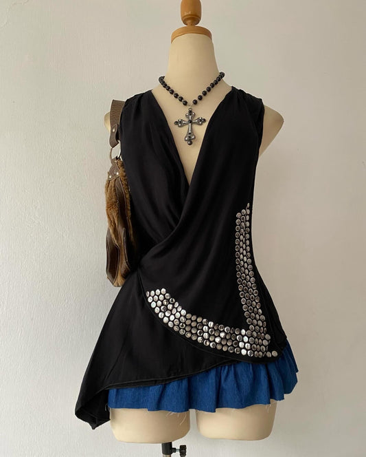 Black top with silver appliqués